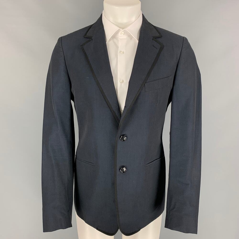 BURBERRY PRORSUM Size 42 Navy & Black Cotton / Mohair Peak Lapel  Sport Coat